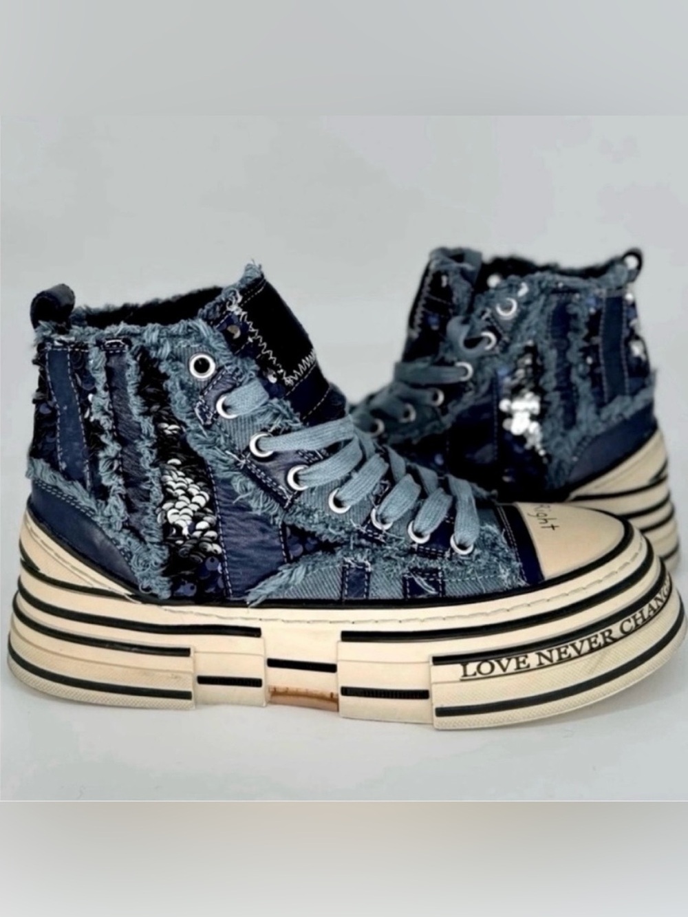 Blue Patchwork High-Top Platform Sneakers